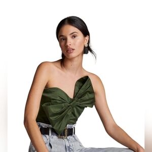 Anthropologie Hutch Dark Satin Green Bow Tie Tube Zip Up Top Blouse Size L